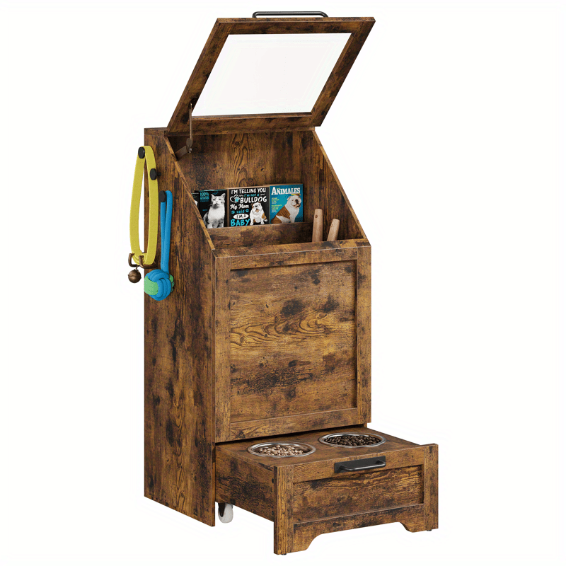 Dog Feeding Station With 2 Elevated Dog Bowls Flip Top Dog Food Storage Cabinet