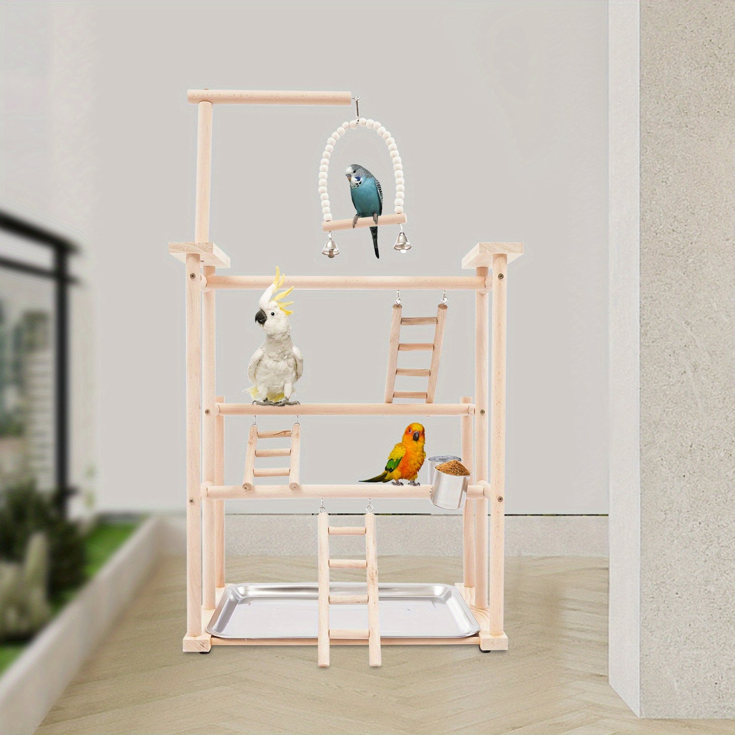 3 Tier Beech Wood Parrot Rack with 4 Non Slip Foot Pads Log Color Bird Play Stand for Small Mid Sized Birds Multi Level Climbing Ladders Perches Feeding Cup and Removable Tray Modern Freestanding Countertop Design