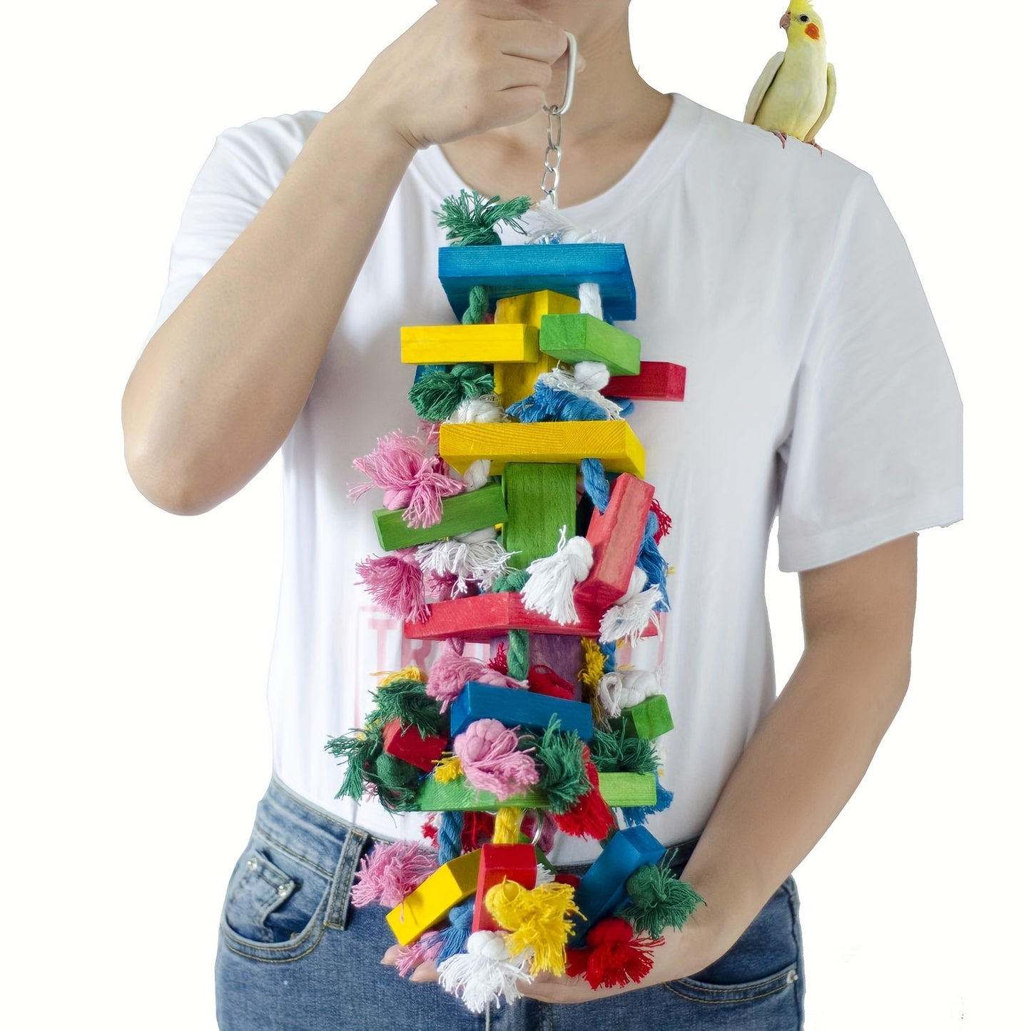 19.7 Inch Large Natural Wooden Bird Chew Toy Multicolored Knots Tearing Toy for Macaws Cockatiels African Greys and Amazon Parrots Mental Stimulation Beak Health Chewing Enrichment Activity Pet Play Accessory
