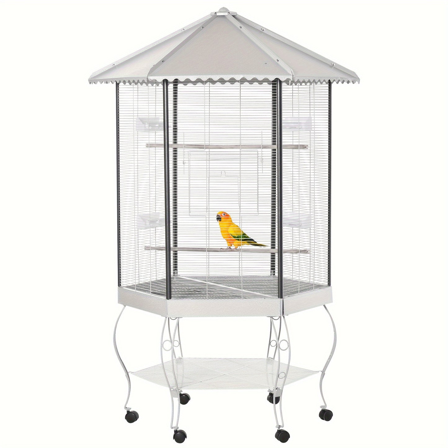 PawHut 77 Inch Flight Bird Cage Hexagon Covered Canopy Portable Aviary with Storage