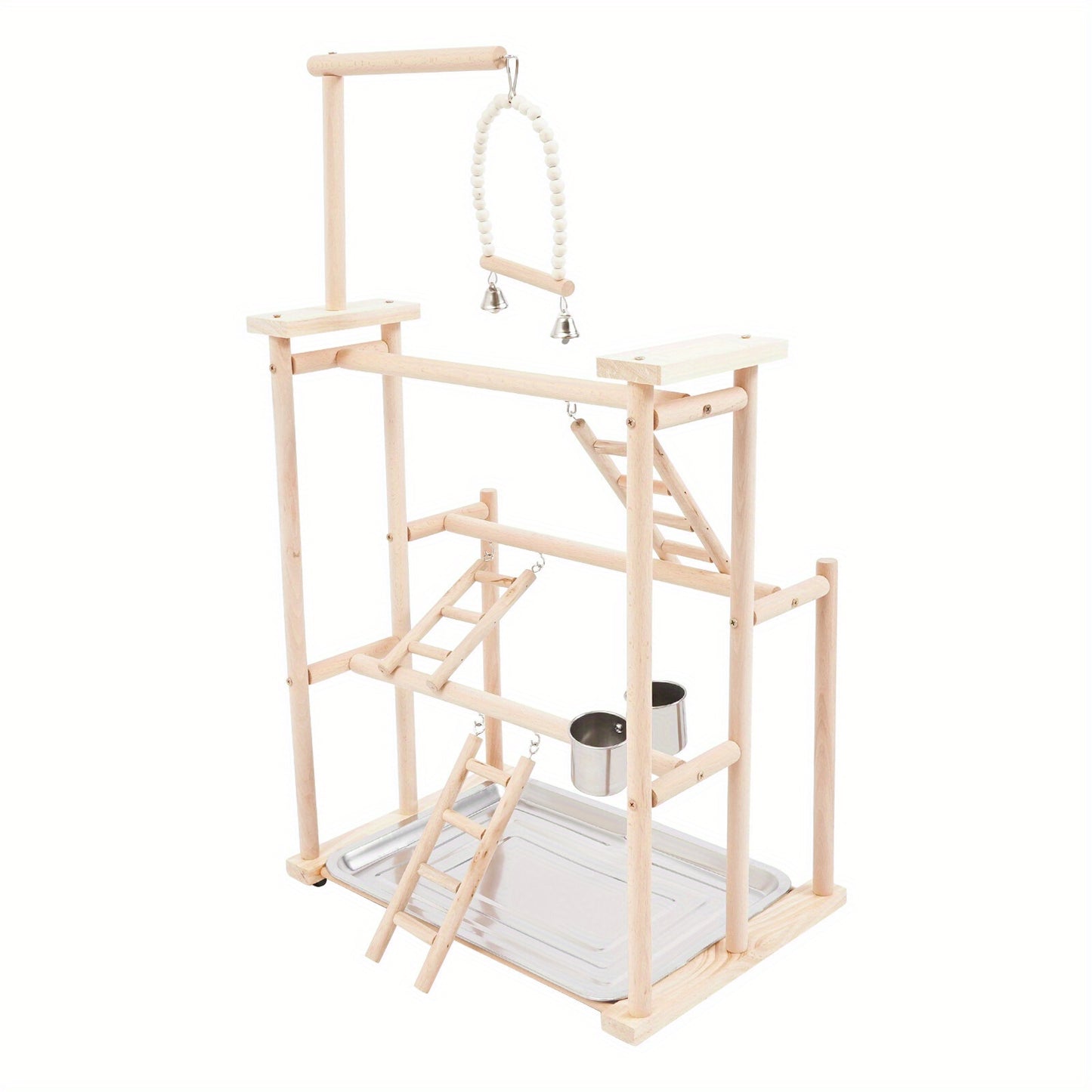 3 Tier Beech Wood Parrot Rack with 4 Non Slip Foot Pads Log Color Bird Play Stand for Small Mid Sized Birds Multi Level Climbing Ladders Perches Feeding Cup and Removable Tray Modern Freestanding Countertop Design
