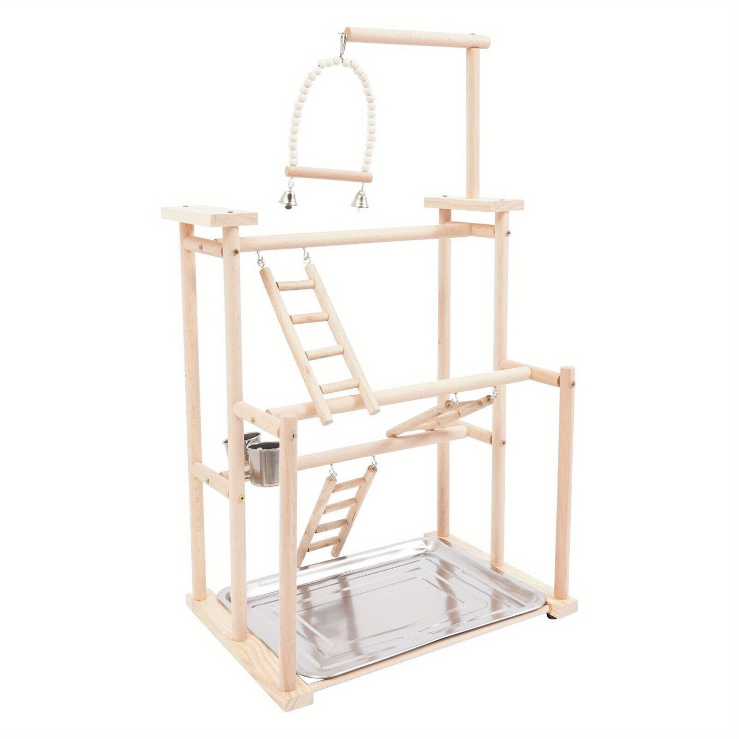 3 Tier Beech Wood Parrot Rack with 4 Non Slip Foot Pads Log Color Bird Play Stand for Small Mid Sized Birds Multi Level Climbing Ladders Perches Feeding Cup and Removable Tray Modern Freestanding Countertop Design