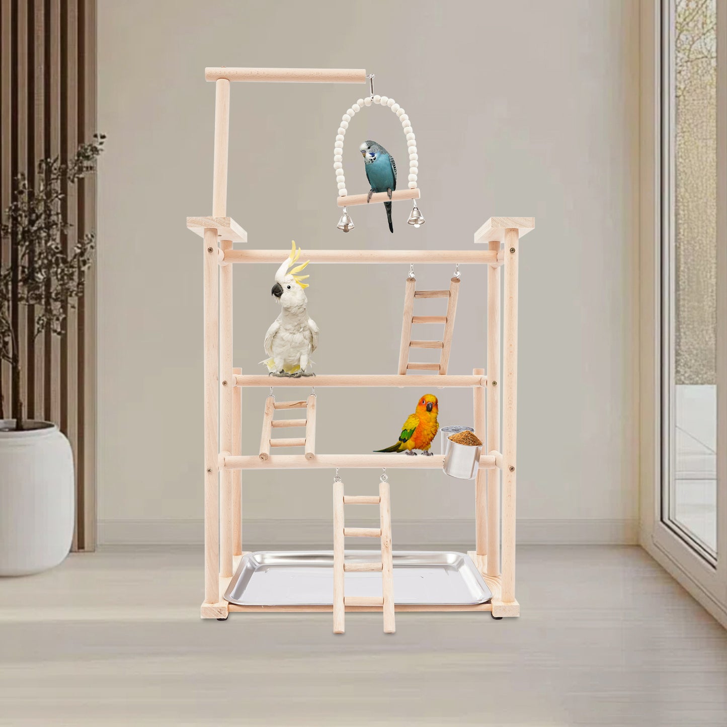 3 Tier Beech Wood Parrot Rack with 4 Non Slip Foot Pads Log Color Bird Play Stand for Small Mid Sized Birds Multi Level Climbing Ladders Perches Feeding Cup and Removable Tray Modern Freestanding Countertop Design