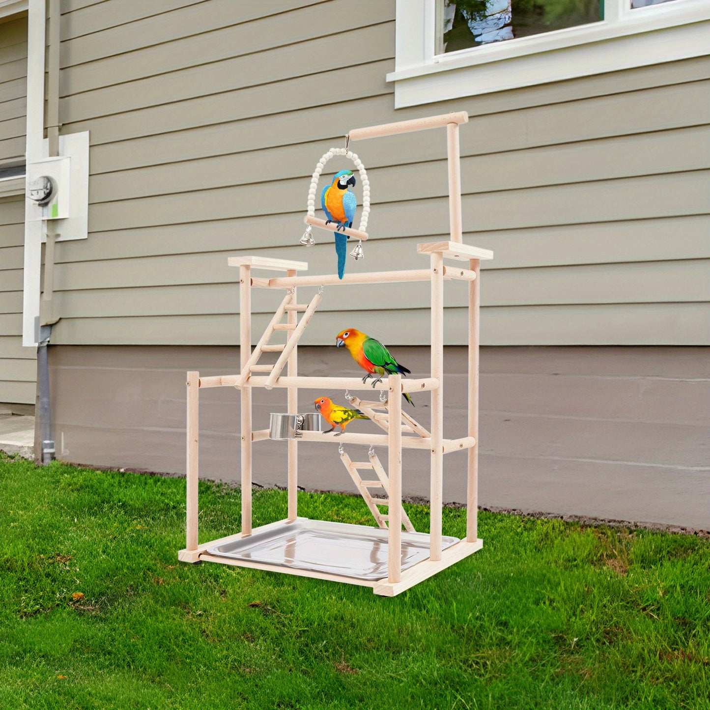 3 Tier Beech Wood Parrot Rack with 4 Non Slip Foot Pads Log Color Bird Play Stand for Small Mid Sized Birds Multi Level Climbing Ladders Perches Feeding Cup and Removable Tray Modern Freestanding Countertop Design