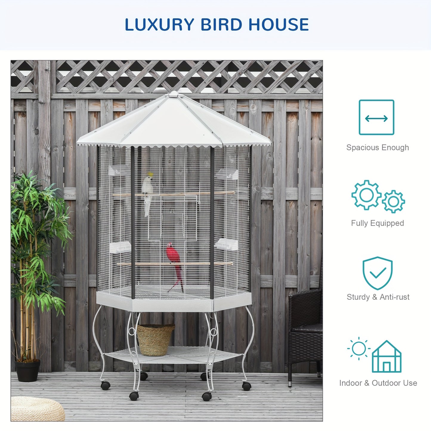PawHut 77 Inch Flight Bird Cage Hexagon Covered Canopy Portable Aviary with Storage