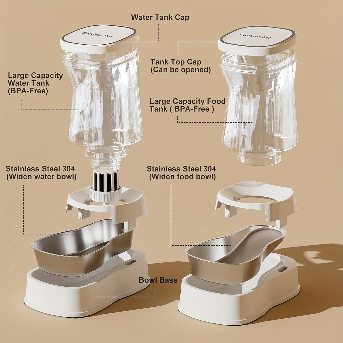 Automatic Pets Gravity Feeder And Water Dispenser Set 1 Gallon X 2 Stainless Steel Food Feeder And Waterer 100 Percent BPA Free Water Bowl Dispenser For Small And Medium Dogs Cats Puppies White Without Battery