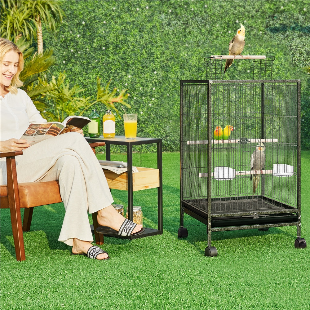 Costoffs 31 Inch Wrought Iron Bird Cage Parrot Cage with Rolling Stand Open Top for Small Birds Black