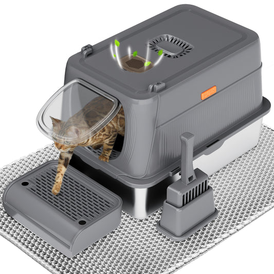 CITYLIFE Extra Large Stainless Steel Cat Litter Box Fully Enclosed With Lid Foldable Anti Splashing Cat Litter Box With Front Flap Door Cat Toilet For Indoor Cats Top Deodorization Pet Toilet