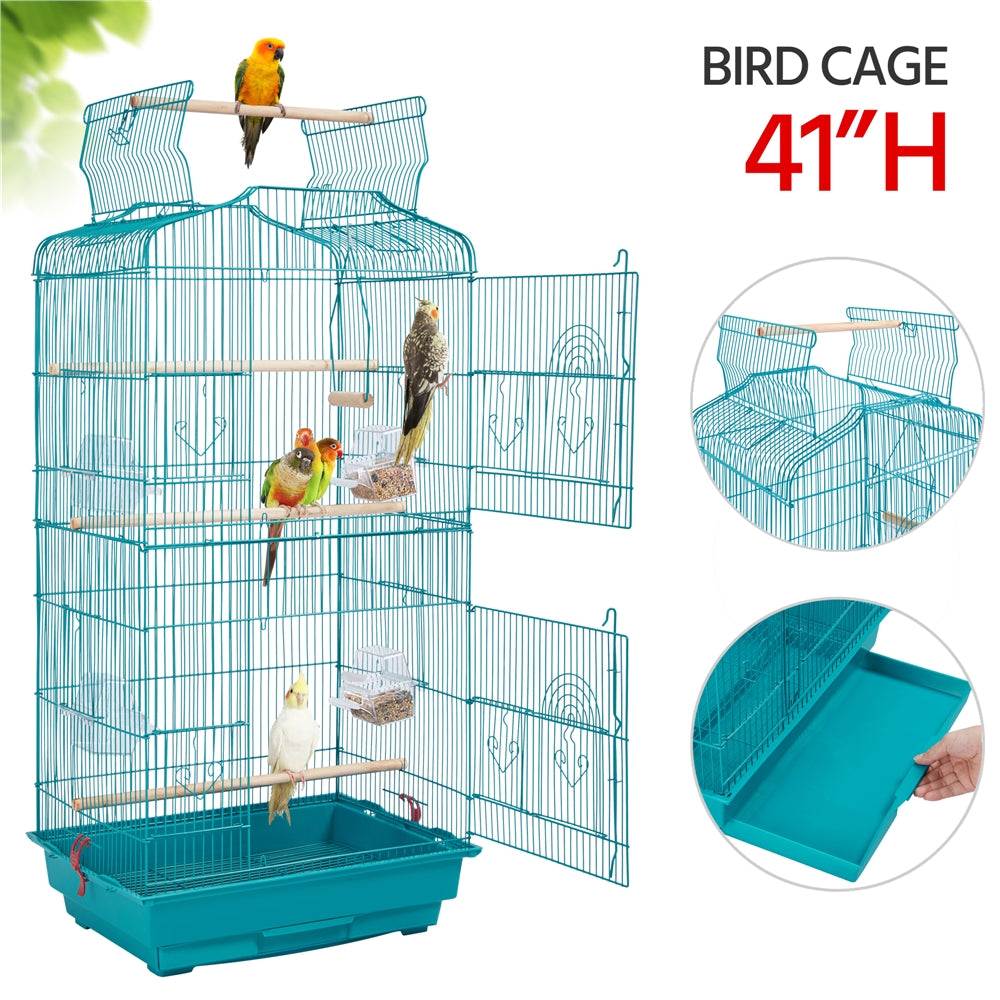 Costoffs 41 Inch Open Top Metal Parrot Bird Cage with Slide Out Tray Four Feeders and Double Doors Ideal for Budgies Parrots Canaries Cockatiels Green Cheek Conures and More