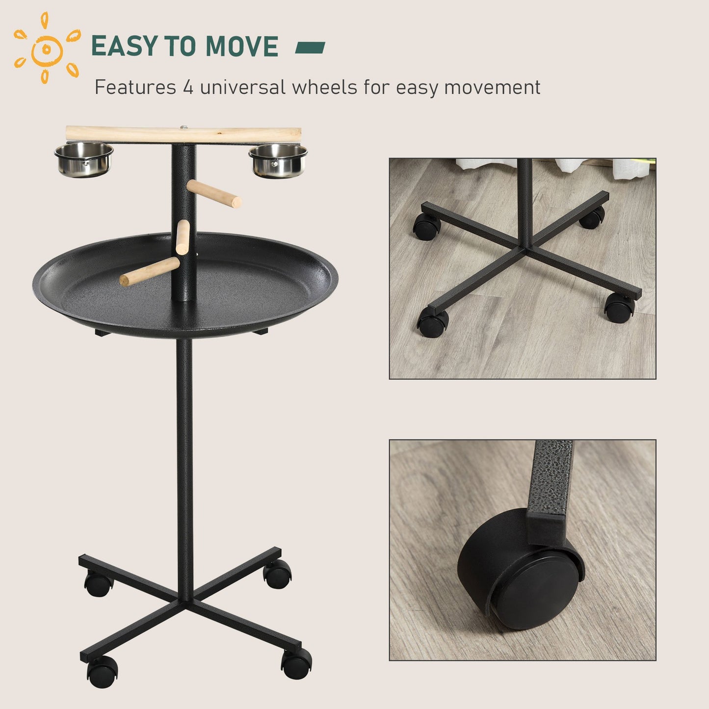 PawHut Portable Bird Play Stand with Four Wheels Stainless Steel Feeding Bowls and Round Tray Grey