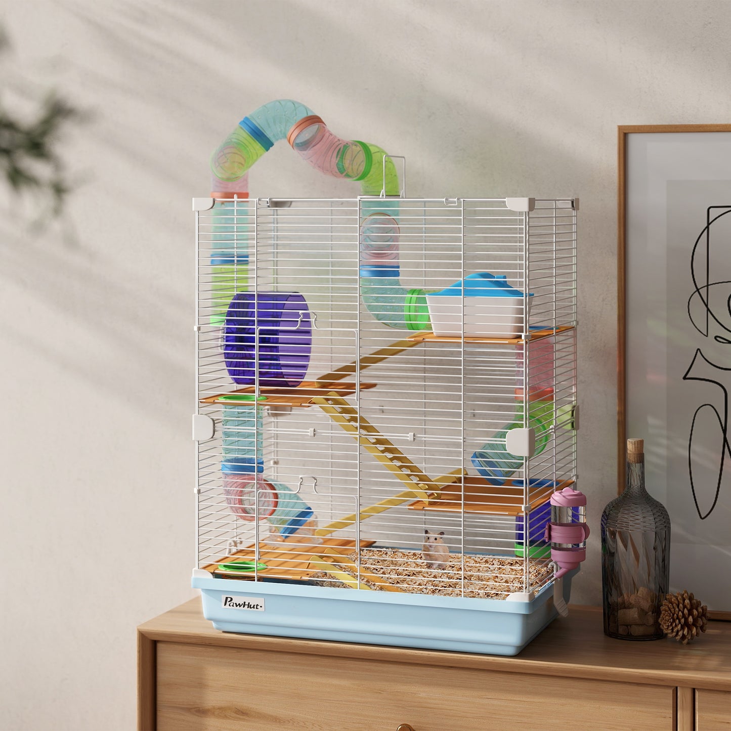 PawHut 18 Inch 5 Tier Hamster Cage with Tubes and Tunnels Small Animal Cage with Portable Carry Handle Gerbil Cage with Water Bottle Food Dish and Exercise Wheel Light Blue