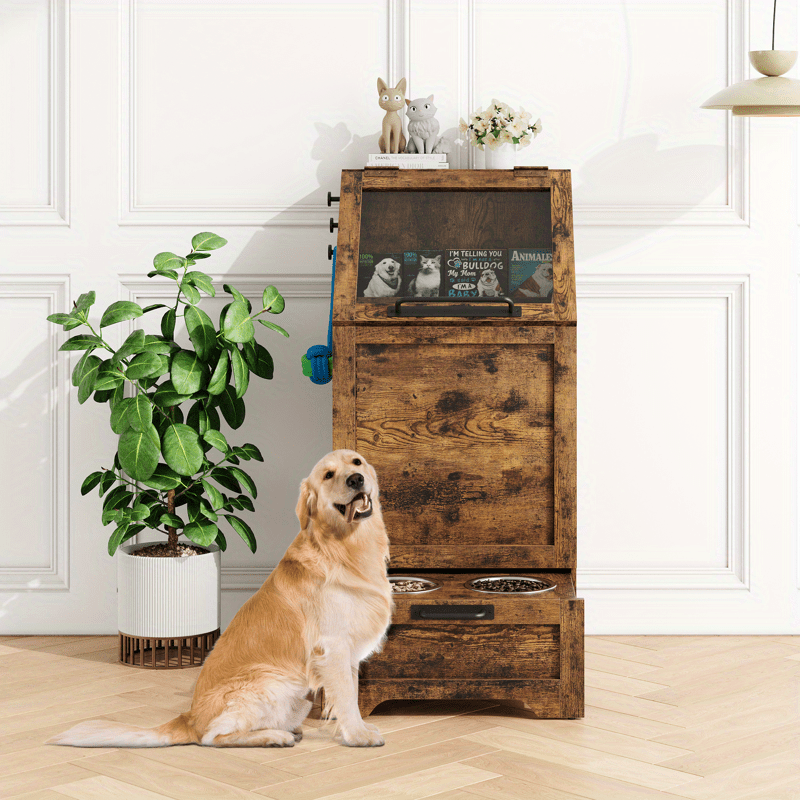 Dog Feeding Station With 2 Elevated Dog Bowls Flip Top Dog Food Storage Cabinet