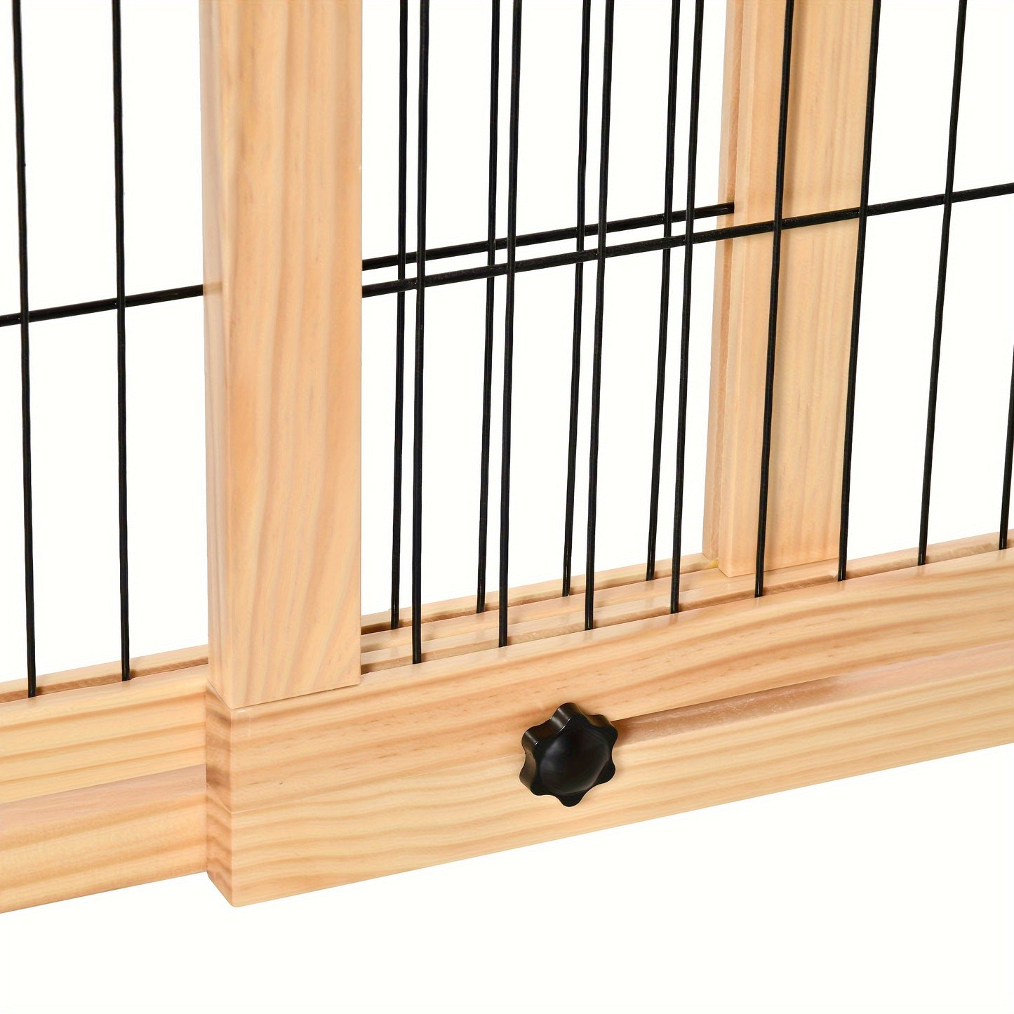 Extra Wide 72 Inch Freestanding Pet Gate with Adjustable Steel Barrier Natural Wood Finish for Dogs and Cats Perfect for Doorways Hallways and Indoor Use