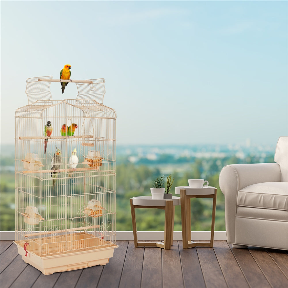 Costoffs 41 Inch Open Top Metal Parrot Bird Cage with Slide Out Tray Four Feeders and Double Doors Ideal for Budgies Parrots Canaries Cockatiels Green Cheek Conures and More