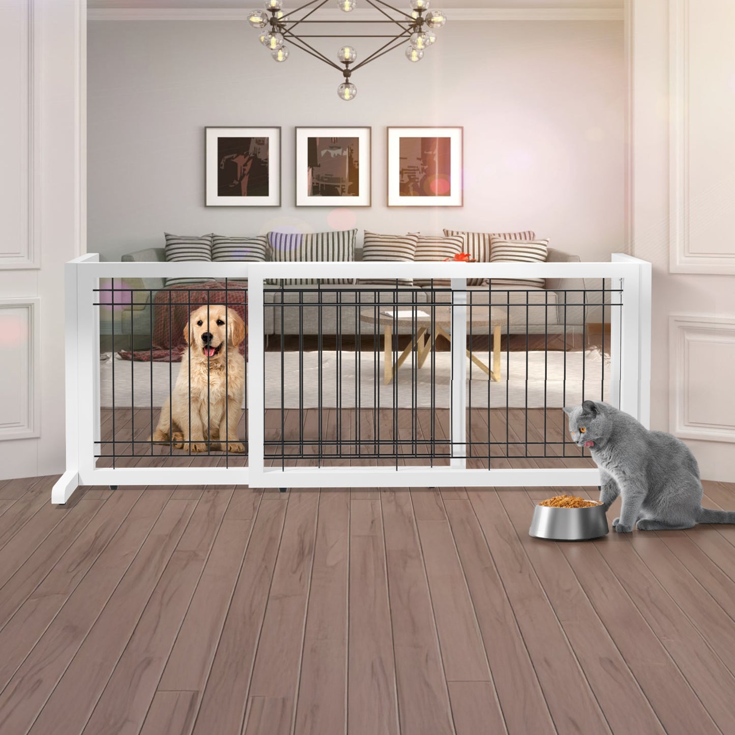 Bonnlo Freestanding Pet Gates for Dogs Indoor Dog Fence Solid Wooden Dog Gates Adjustable Doorways and Stairs Doggie Gates for Indoors 40 to 71 Inches Wide
