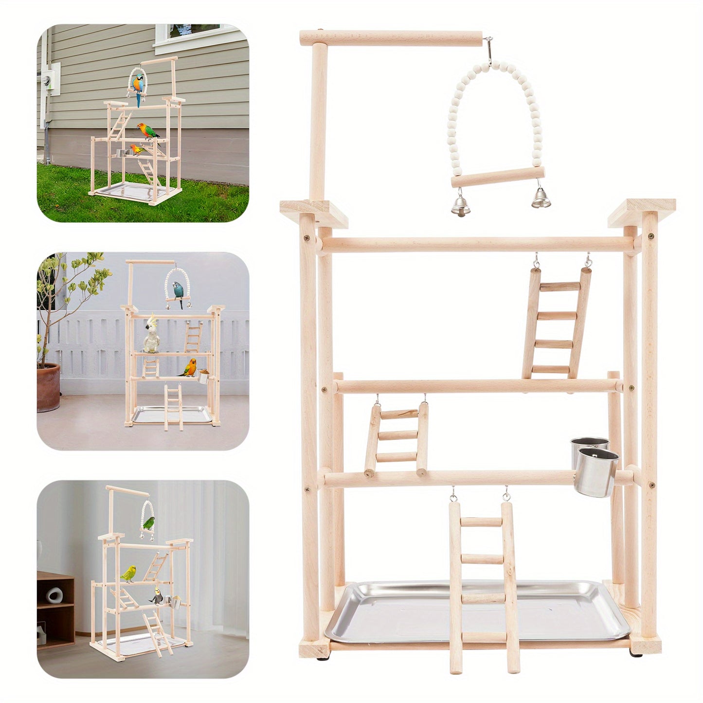 3 Tier Beech Wood Parrot Rack with 4 Non Slip Foot Pads Log Color Bird Play Stand for Small Mid Sized Birds Multi Level Climbing Ladders Perches Feeding Cup and Removable Tray Modern Freestanding Countertop Design