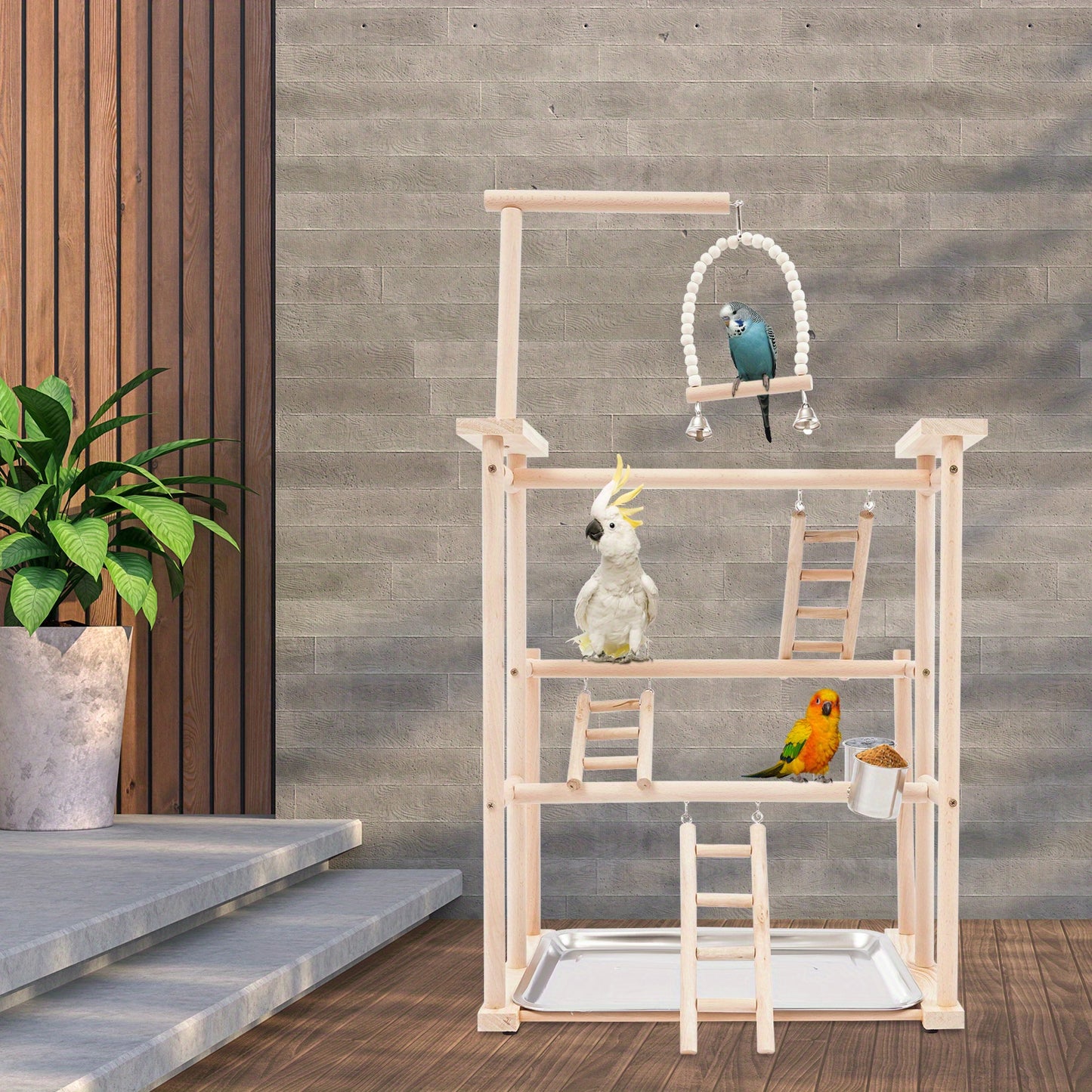 Pet Parrot Playstand Wood Perch Gym Playpen Ladder with Feeder Cups Bells for Cockatiel Parakeet Three Layers