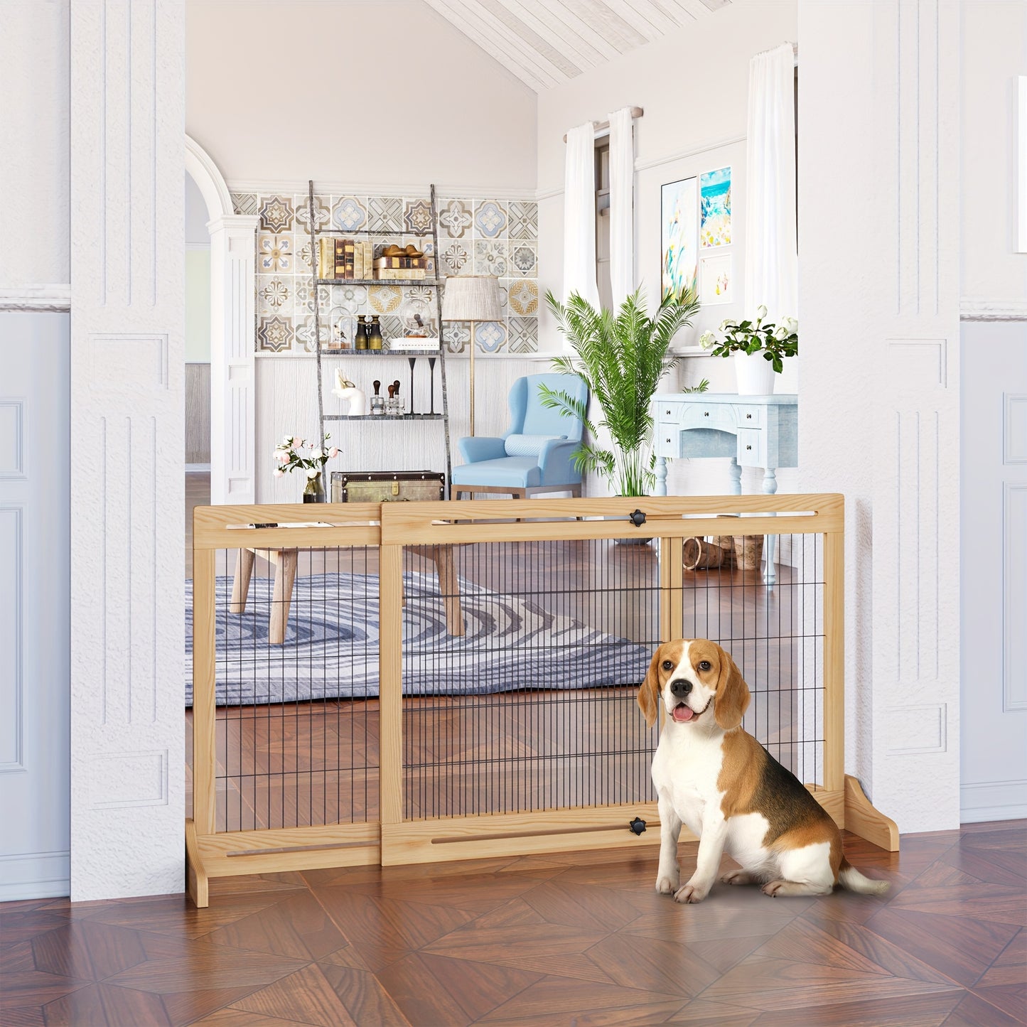 Extra Wide 72 Inch Freestanding Pet Gate with Adjustable Steel Barrier Natural Wood Finish for Dogs and Cats Perfect for Doorways Hallways and Indoor Use