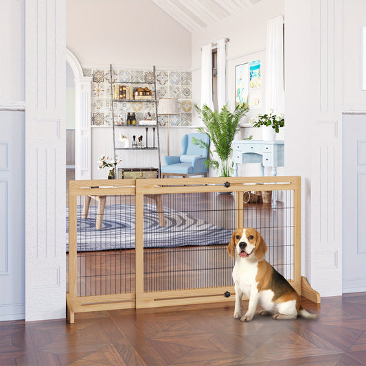 Extra Wide 72 Inch Freestanding Pet Gate with Adjustable Steel Barrier Natural Wood Finish for Dogs and Cats Perfect for Doorways Hallways and Indoor Use