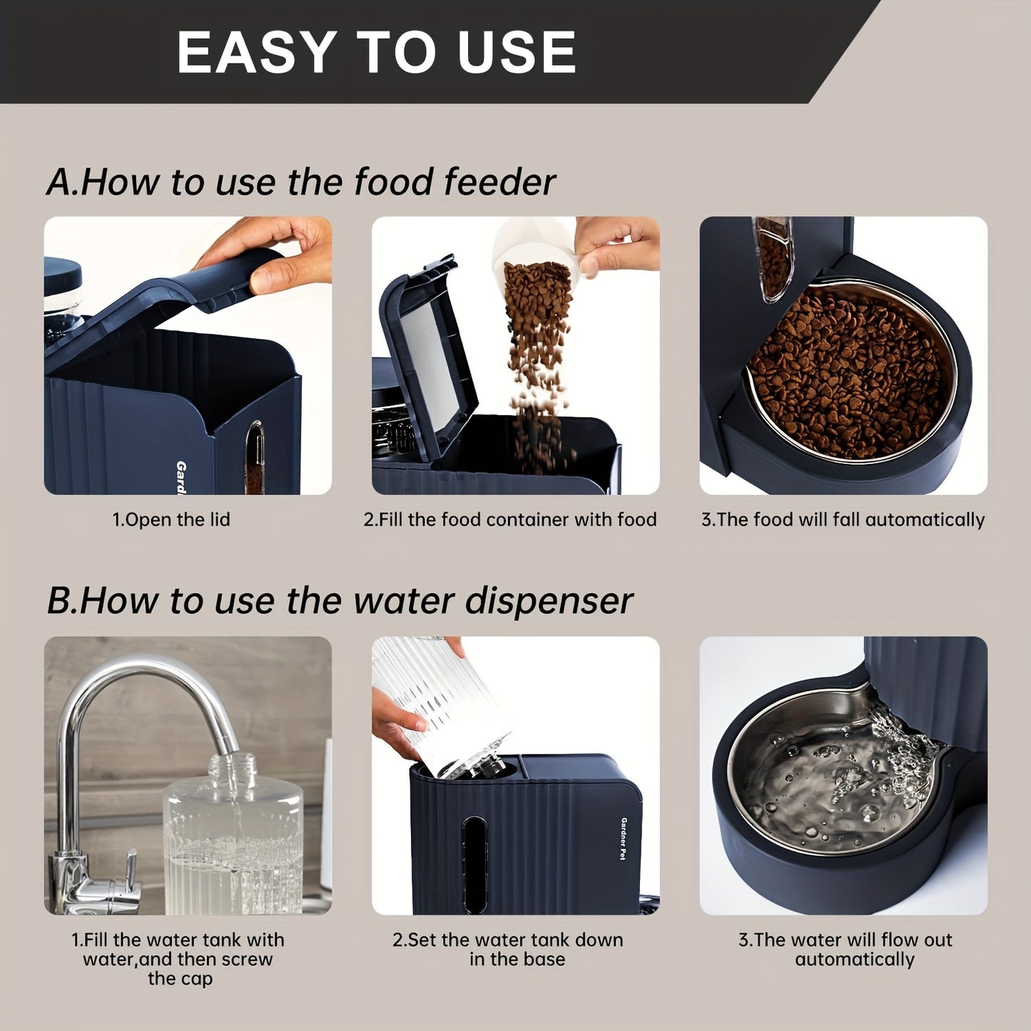 Automatic Gravity Cat Food Feeder And Water Dispenser Stainless Steel Two In One Set Large Capacity For Pets Dogs Puppies Kittens