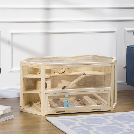 PawHut Wooden Large Hamster Cage Three Tier With Tray Seesaws Water Bottle Activity Center