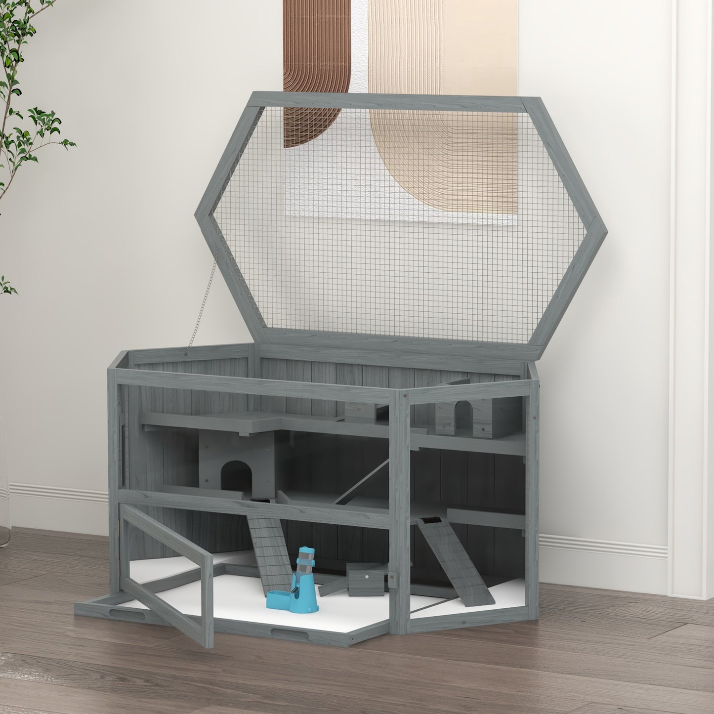 PawHut Wooden Large Hamster Cage Three Tier With Tray Seesaws Water Bottle Activity Center