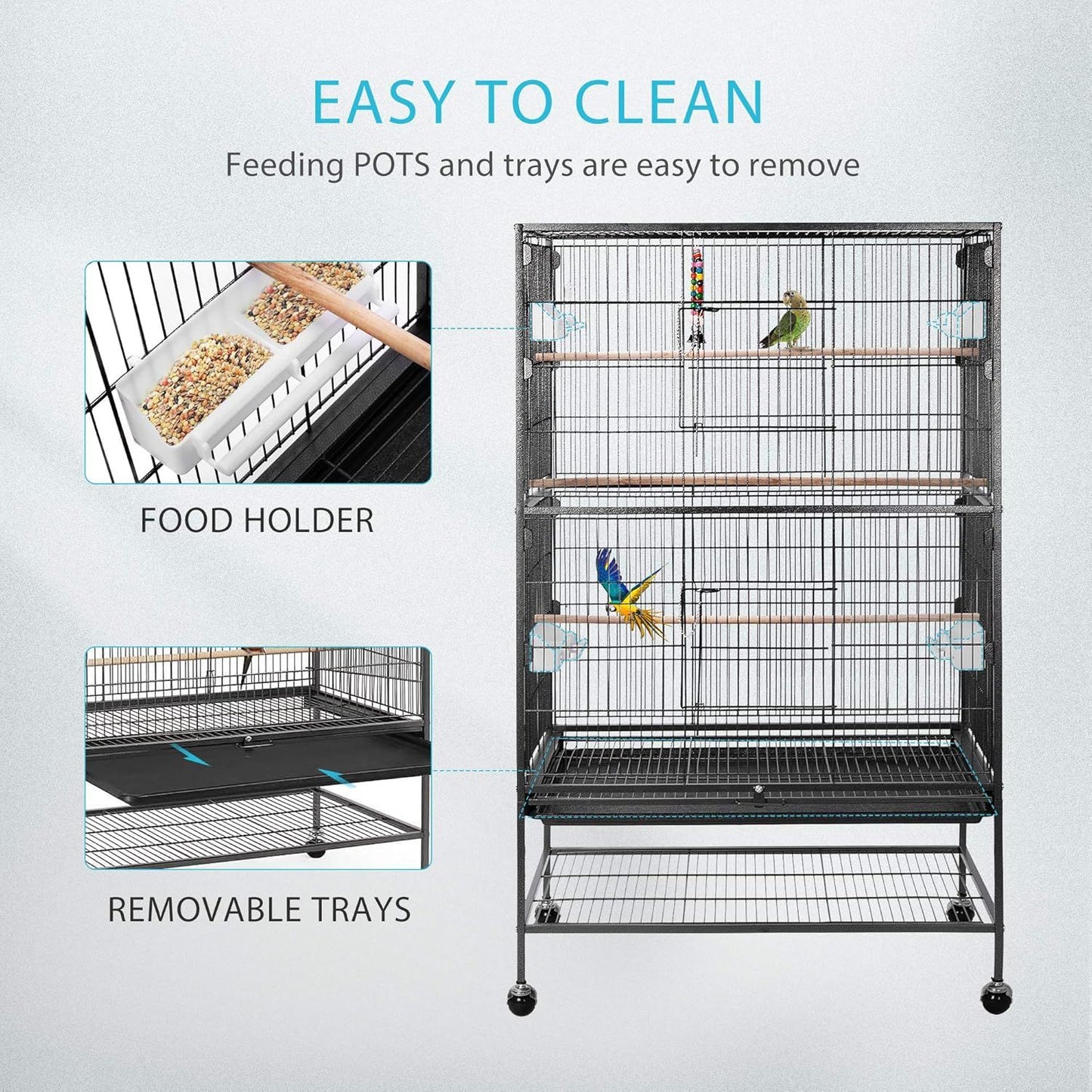 53 Inch Extra Large Wrought Iron Movable Bird Cage for Budgerigars Cockatiels Sun Conures and More Birds Classic Black Sturdy and Durable