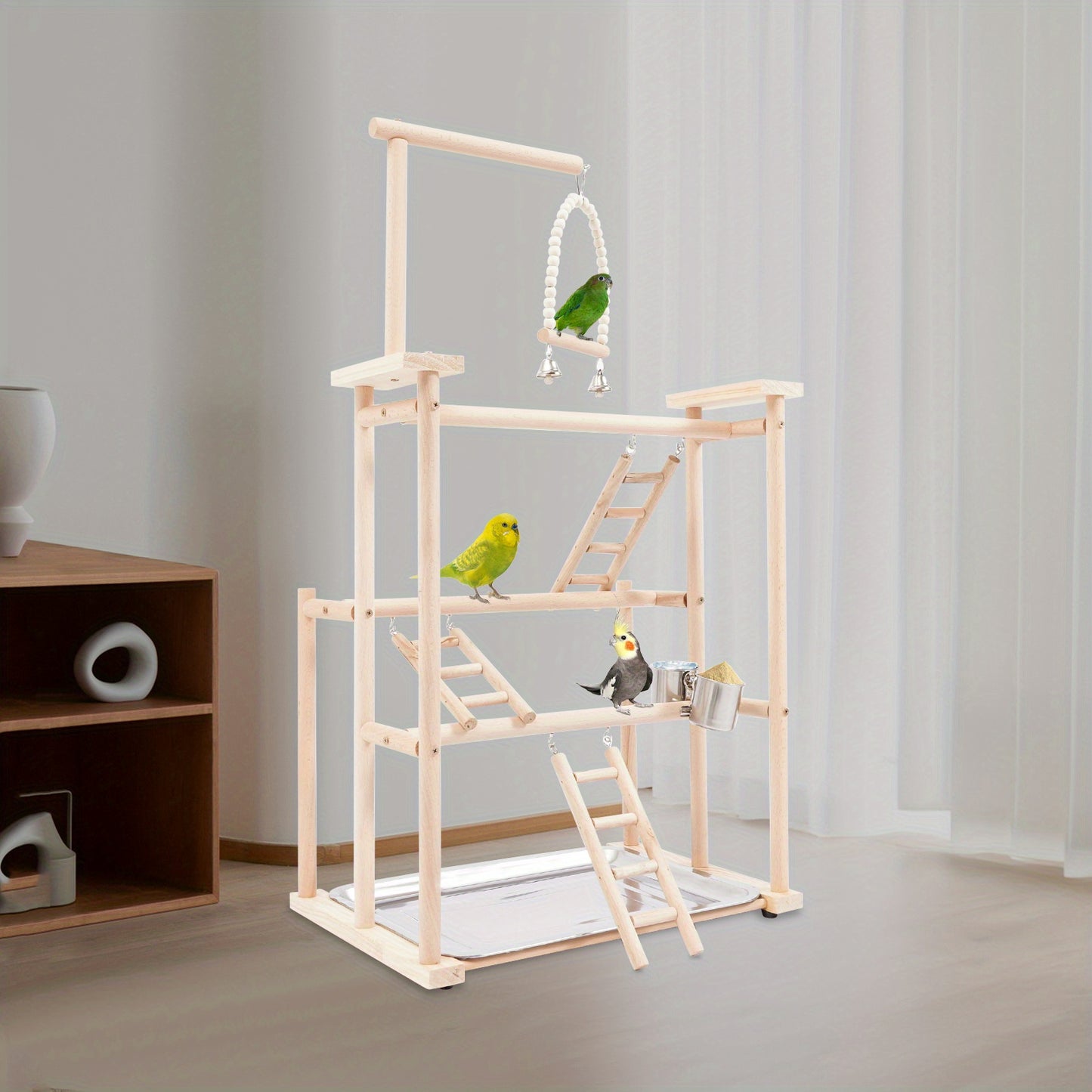 3 Tier Beech Wood Parrot Rack with 4 Non Slip Foot Pads Log Color Bird Play Stand for Small Mid Sized Birds Multi Level Climbing Ladders Perches Feeding Cup and Removable Tray Modern Freestanding Countertop Design