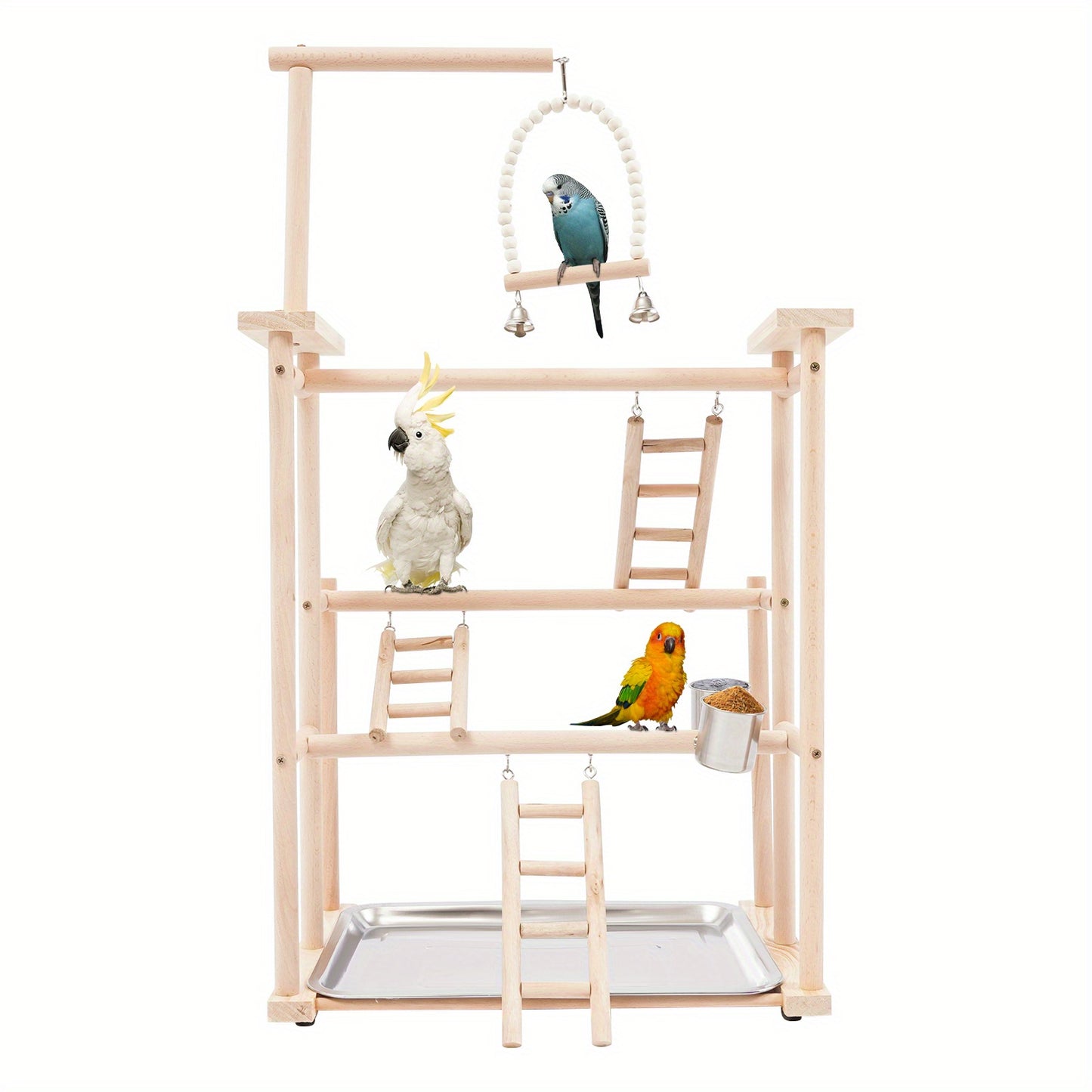 Pet Parrot Playstand Wood Perch Gym Playpen Ladder with Feeder Cups Bells for Cockatiel Parakeet Three Layers