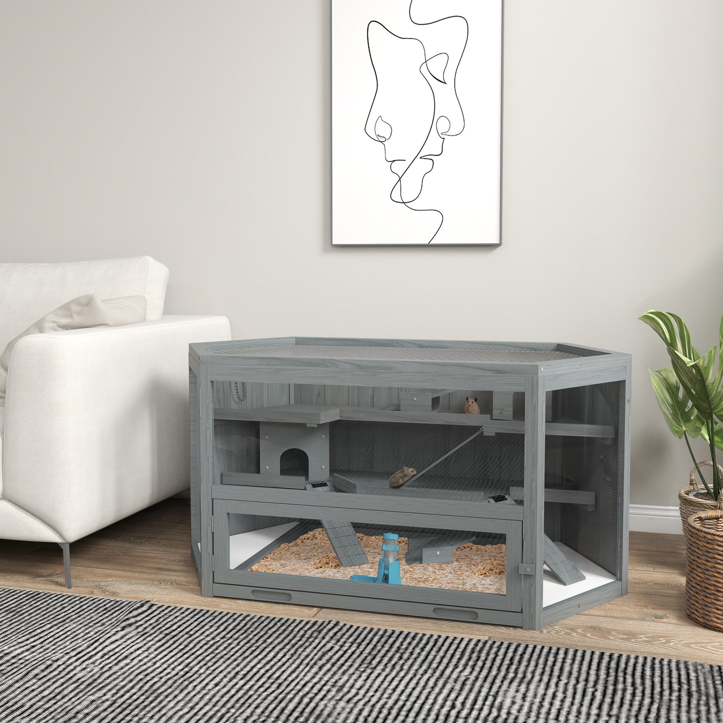 PawHut Wooden Large Hamster Cage Three Tier With Tray Seesaws Water Bottle Activity Center