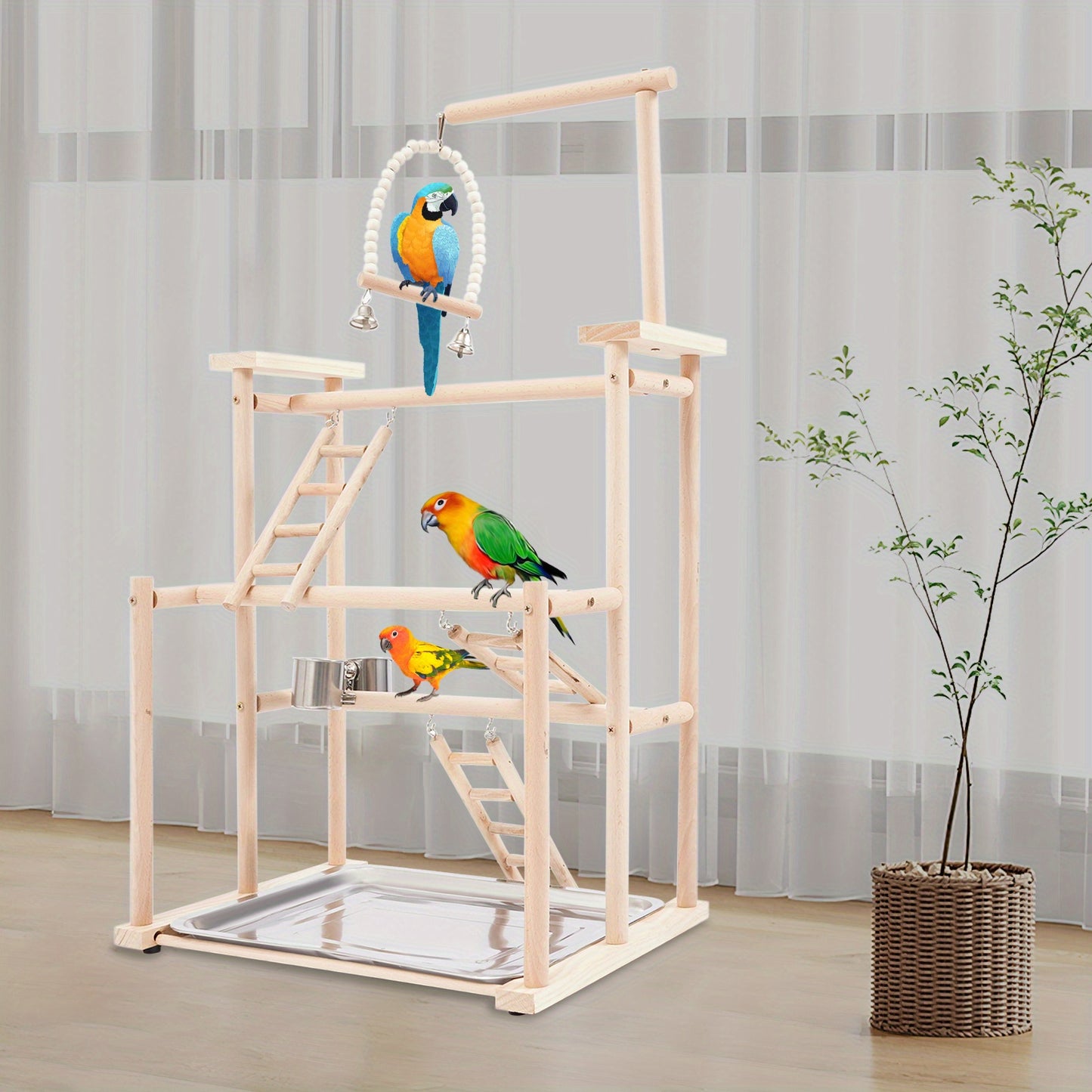 Pet Parrot Playstand Wood Perch Gym Playpen Ladder with Feeder Cups Bells for Cockatiel Parakeet Three Layers