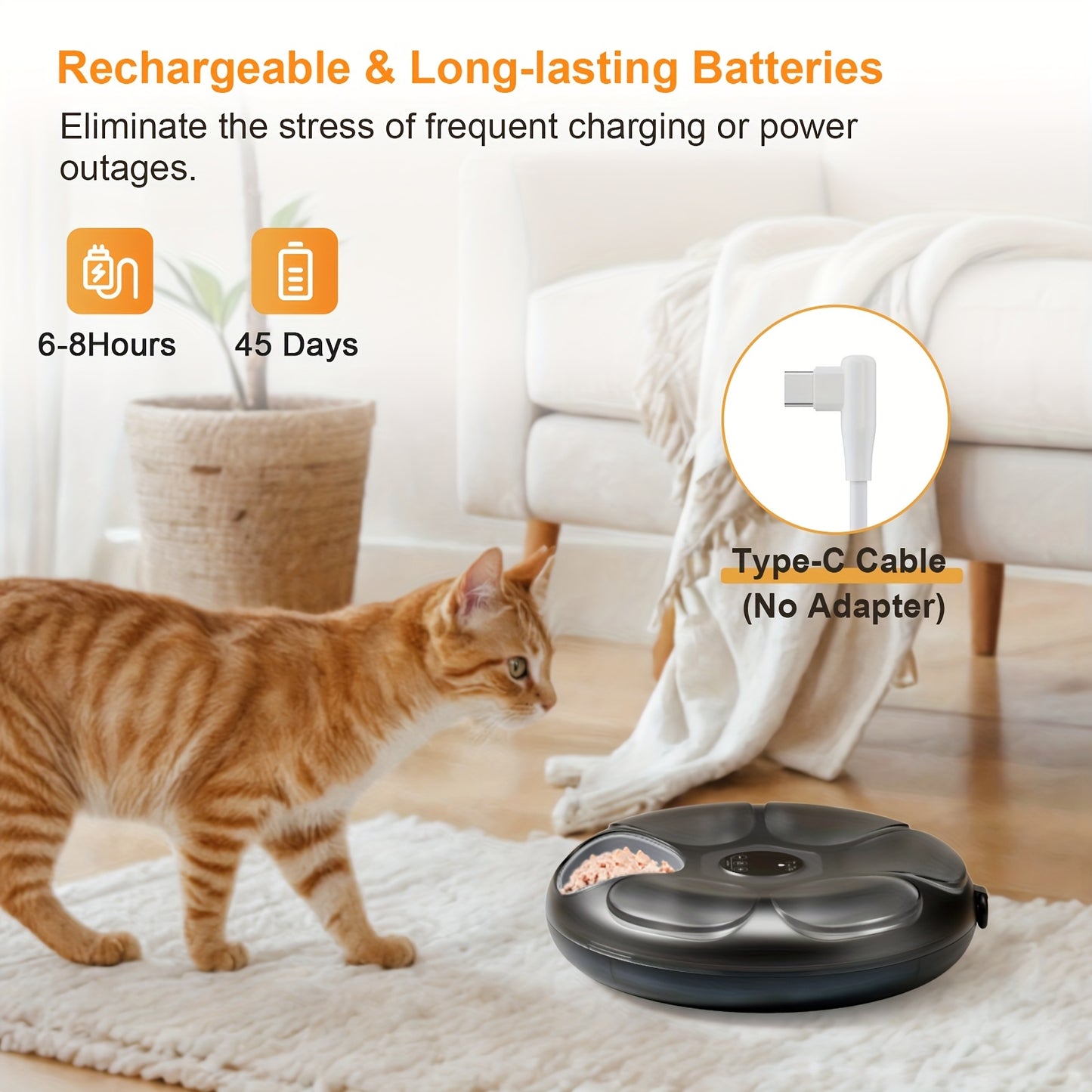 6 Compartments Rechargeable Cordless Cat Feeder Smart Automatic Wet Food Dispenser Programmable Daily Feeding Schedule with Ice Packs Low Battery Indicator Safe Paw Design