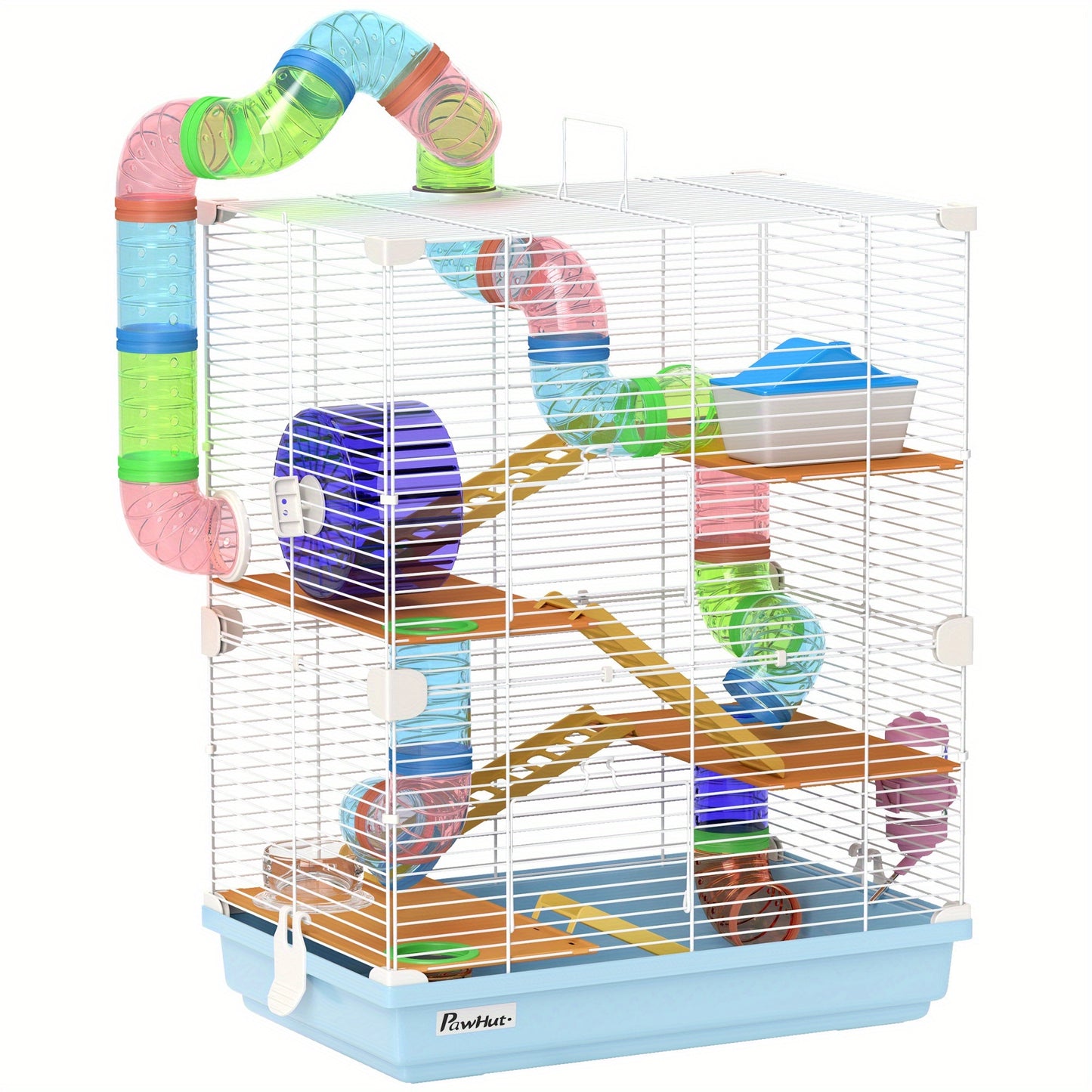 PawHut 18 Inch 5 Tier Hamster Cage with Tubes and Tunnels Small Animal Cage with Portable Carry Handle Gerbil Cage with Water Bottle Food Dish and Exercise Wheel Light Blue