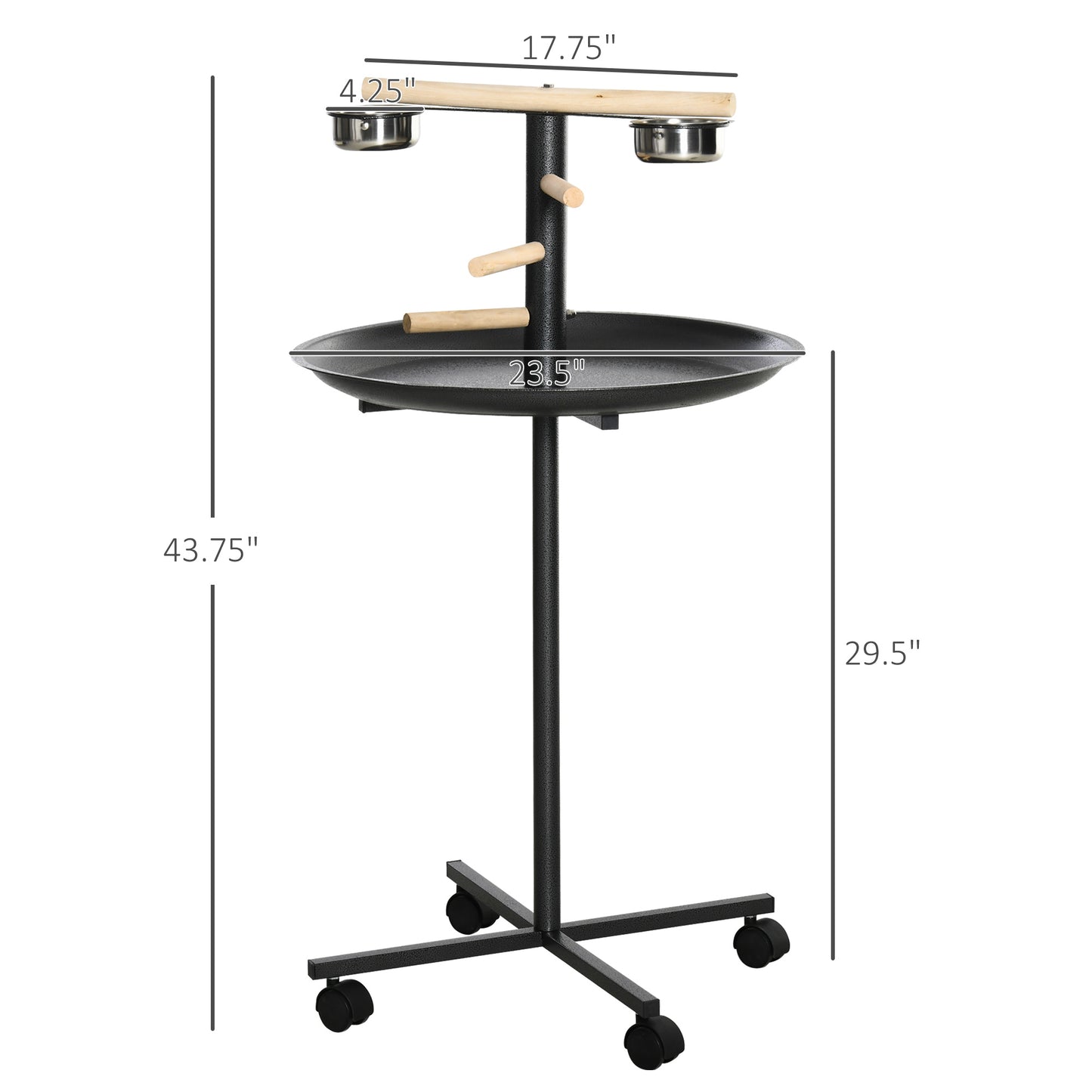 PawHut Portable Bird Play Stand with Four Wheels Stainless Steel Feeding Bowls and Round Tray Grey