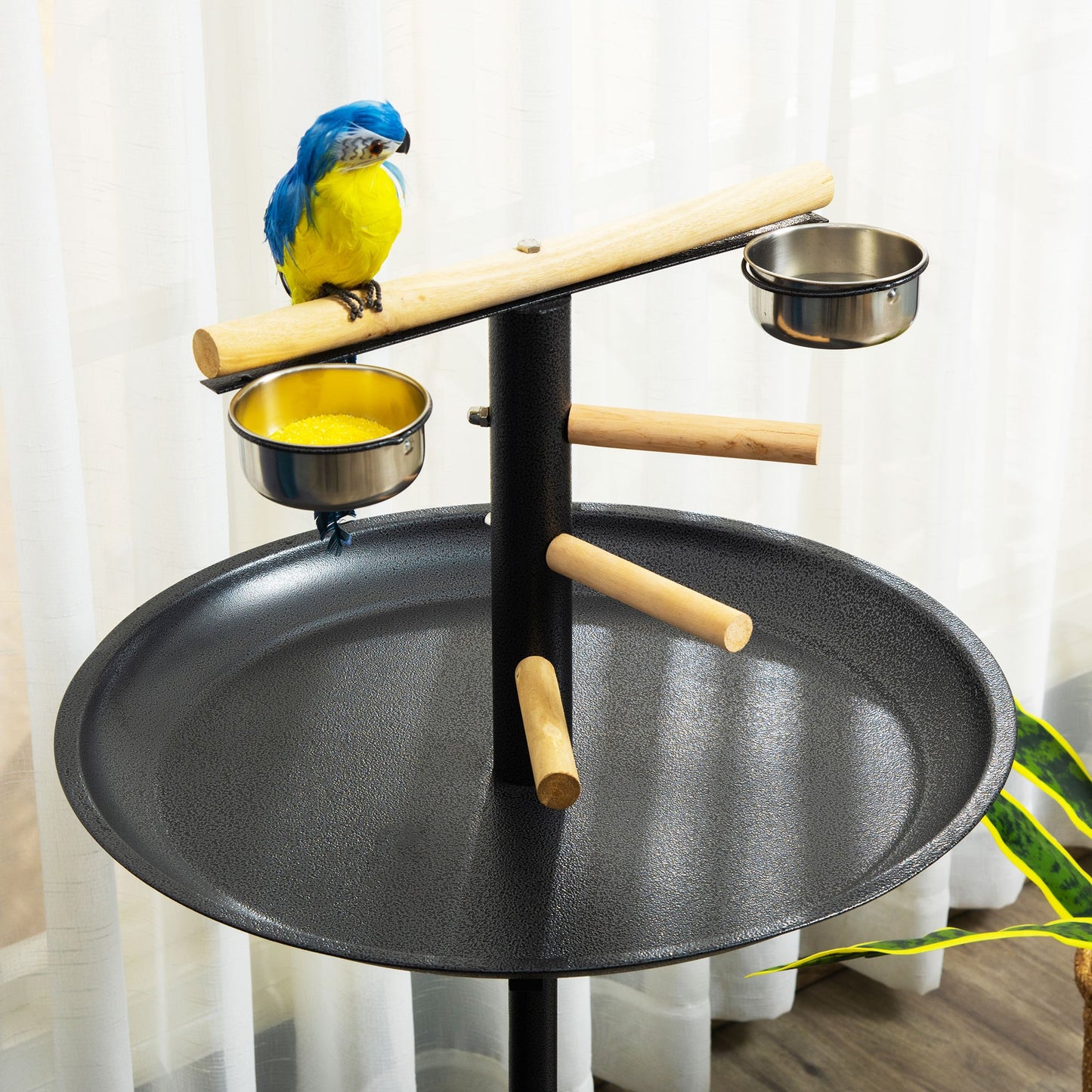 PawHut Portable Bird Play Stand with Four Wheels Stainless Steel Feeding Bowls and Round Tray Grey