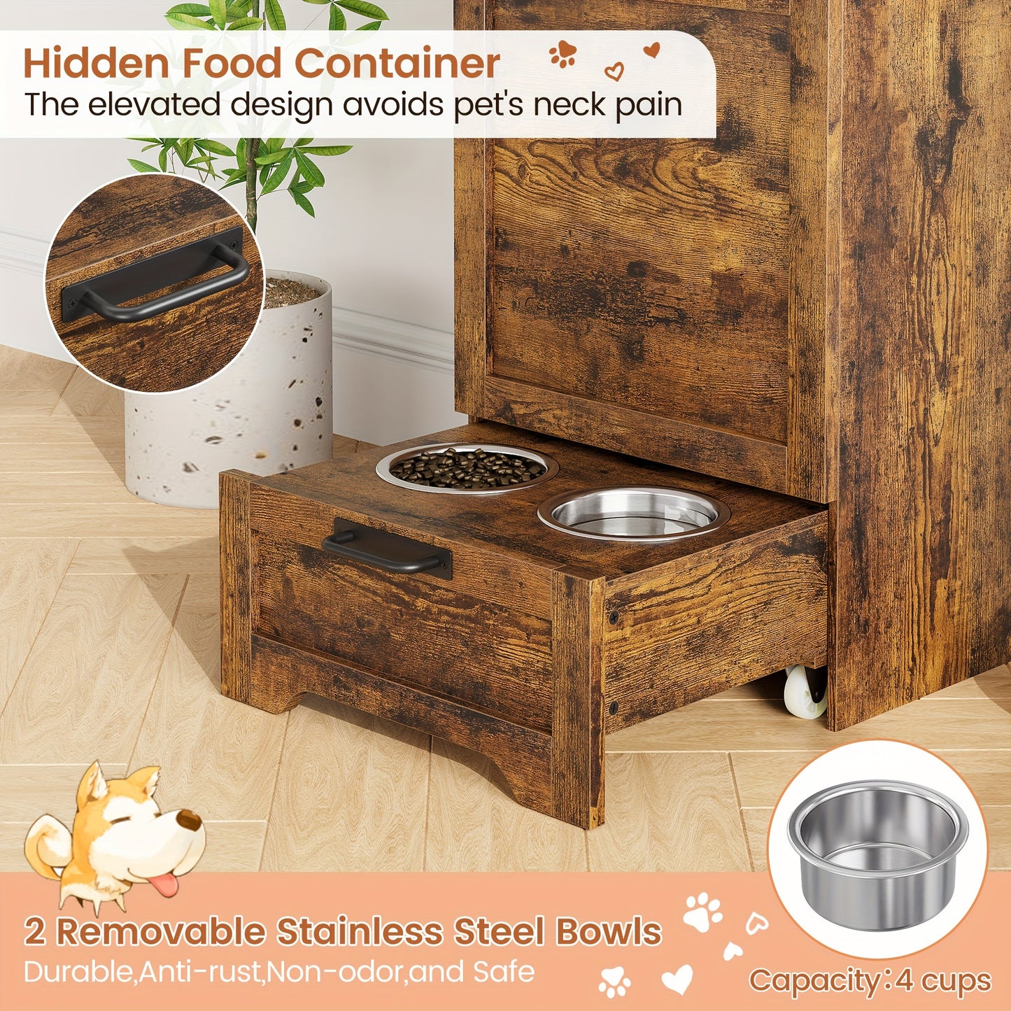 Dog Feeding Station With 2 Elevated Dog Bowls Flip Top Dog Food Storage Cabinet