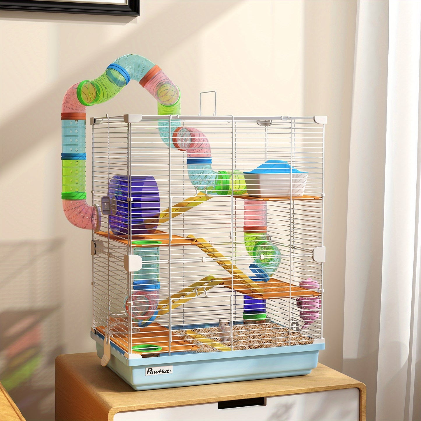 PawHut 18 Inch 5 Tier Hamster Cage with Tubes and Tunnels Small Animal Cage with Portable Carry Handle Gerbil Cage with Water Bottle Food Dish and Exercise Wheel Light Blue