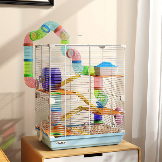 PawHut 18 Inch 5 Tier Hamster Cage with Tubes and Tunnels Small Animal Cage with Portable Carry Handle Gerbil Cage with Water Bottle Food Dish and Exercise Wheel Light Blue