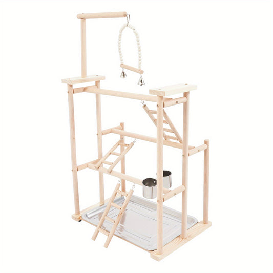 3 Tier Beech Wood Parrot Rack with 4 Non Slip Foot Pads Log Color Bird Play Stand for Small Mid Sized Birds Multi Level Climbing Ladders Perches Feeding Cup and Removable Tray Modern Freestanding Countertop Design