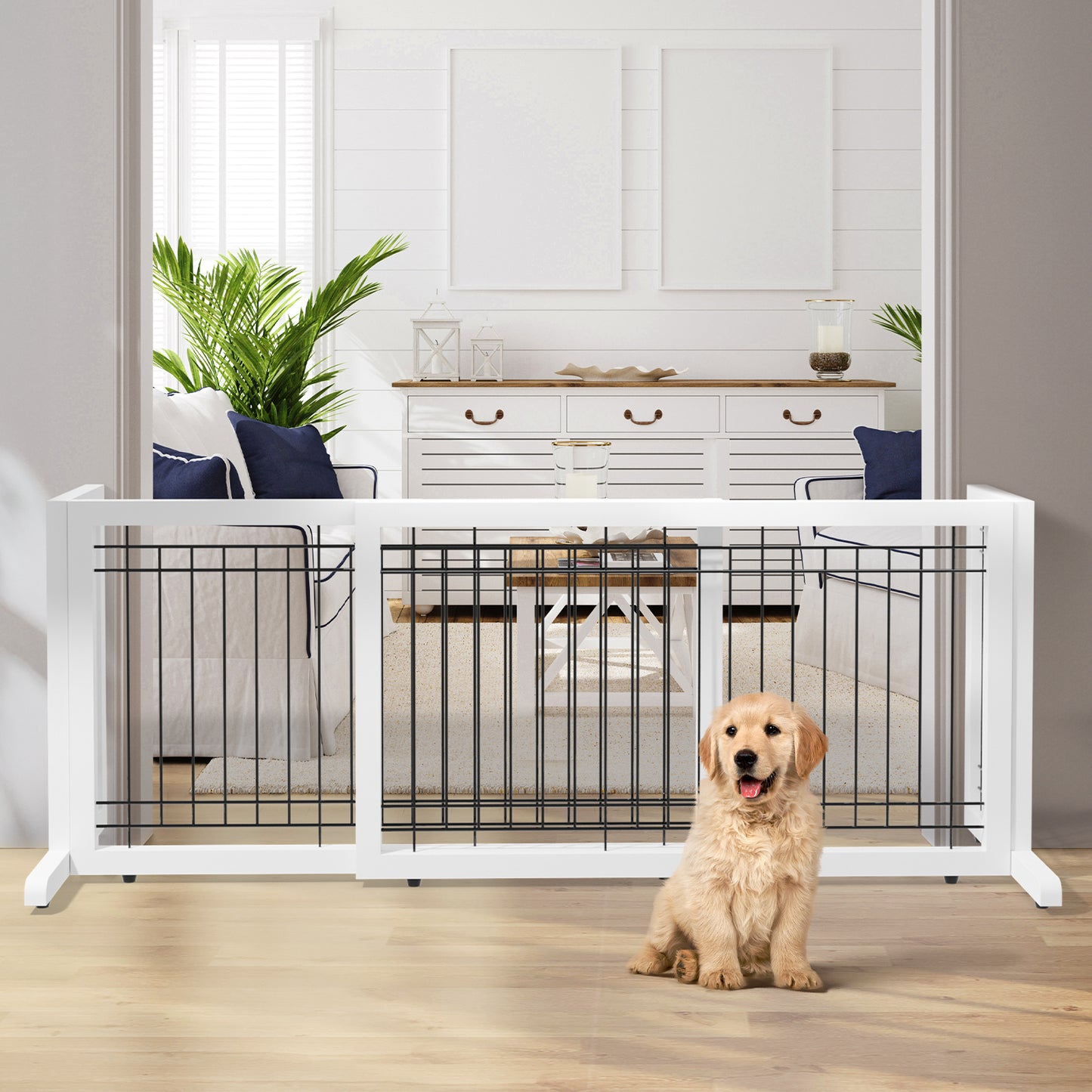 Bonnlo Freestanding Pet Gates for Dogs Indoor Dog Fence Solid Wooden Dog Gates Adjustable Doorways and Stairs Doggie Gates for Indoors 40 to 71 Inches Wide