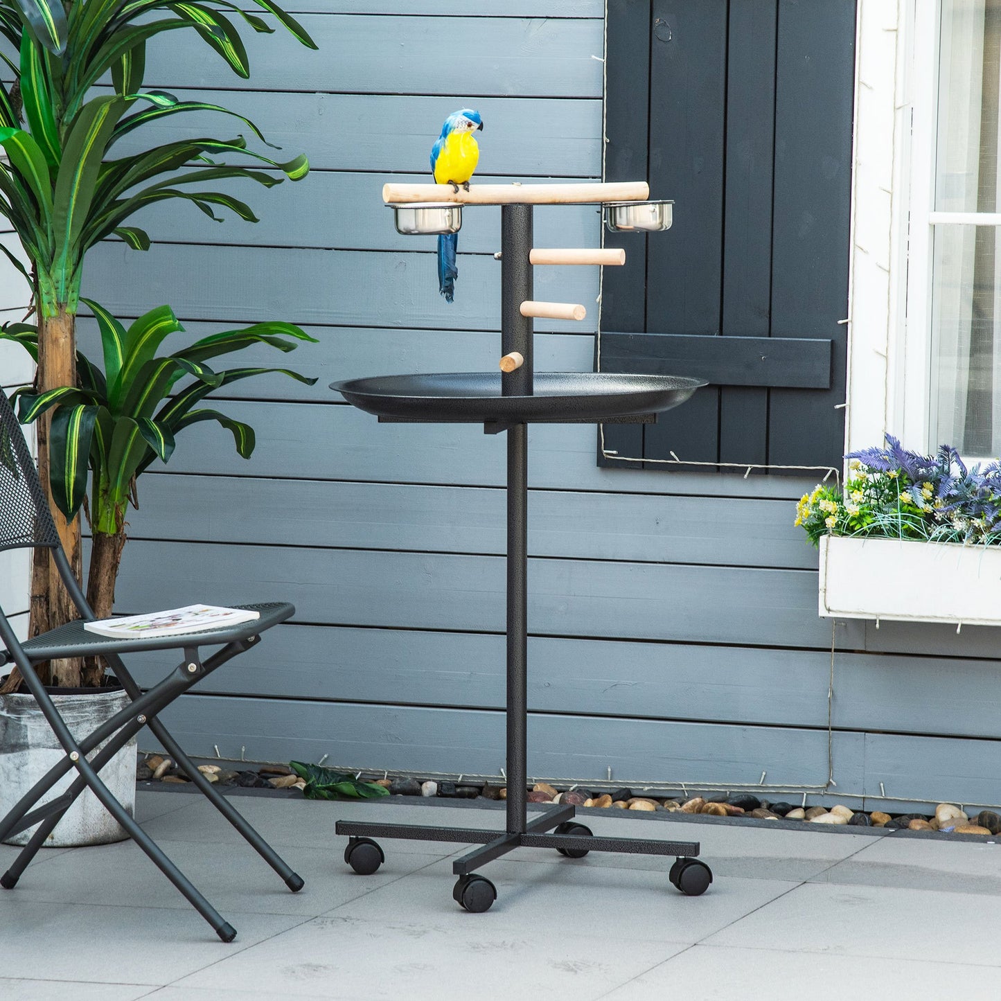 PawHut Portable Bird Play Stand with Four Wheels Stainless Steel Feeding Bowls and Round Tray Grey