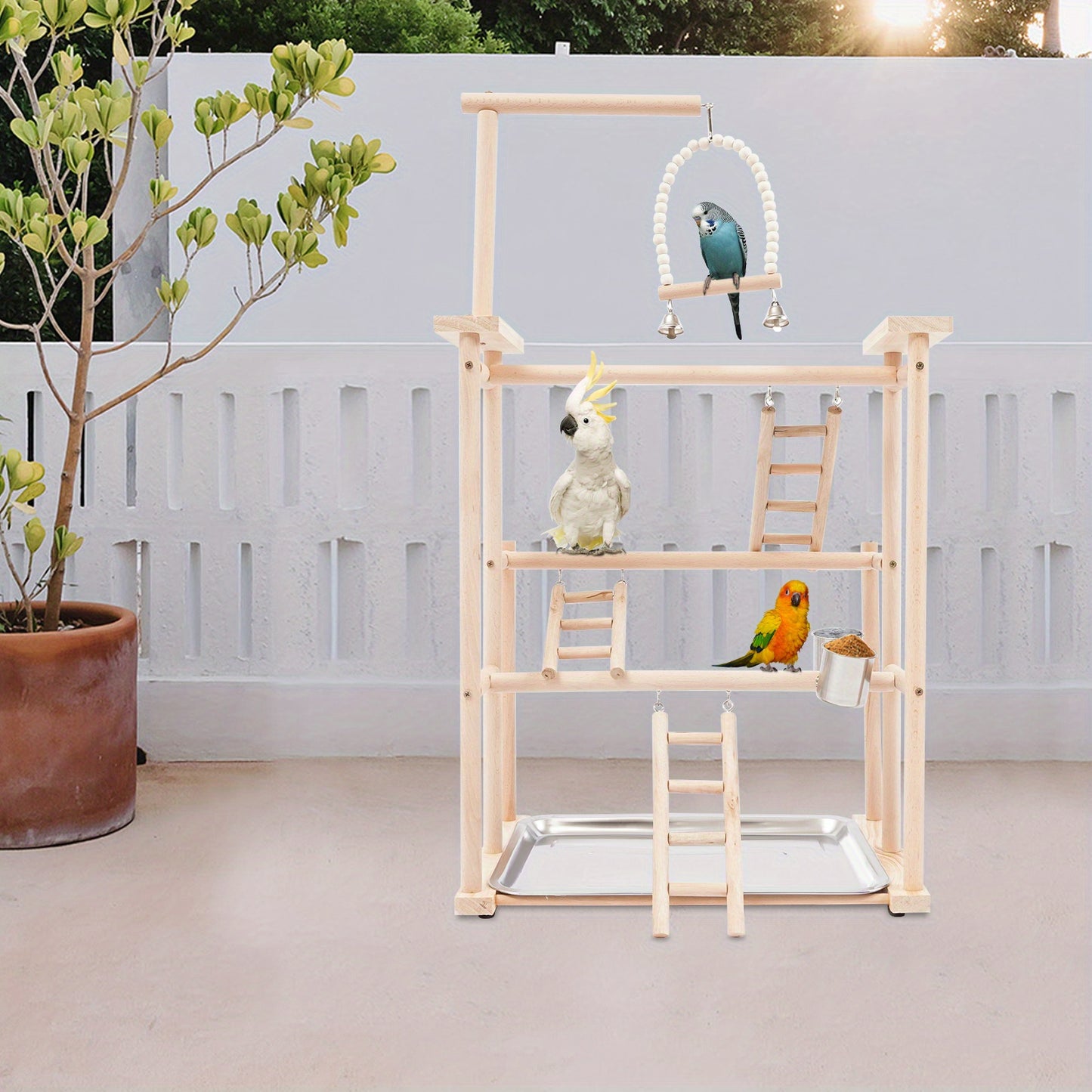 3 Tier Beech Wood Parrot Rack with 4 Non Slip Foot Pads Log Color Bird Play Stand for Small Mid Sized Birds Multi Level Climbing Ladders Perches Feeding Cup and Removable Tray Modern Freestanding Countertop Design