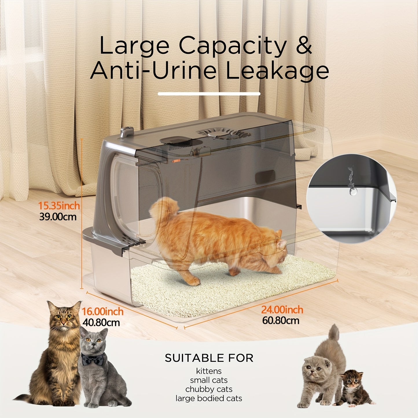 CITYLIFE Extra Large Stainless Steel Cat Litter Box Fully Enclosed With Lid Foldable Anti Splashing Cat Litter Box With Front Flap Door Cat Toilet For Indoor Cats Top Deodorization Pet Toilet