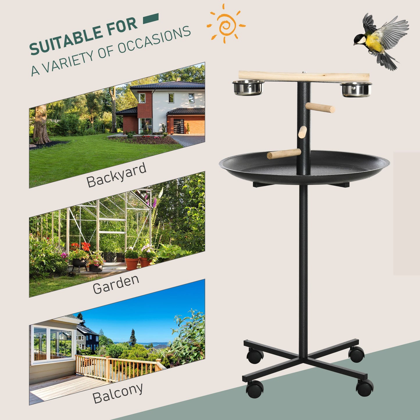 PawHut Portable Bird Play Stand with Four Wheels Stainless Steel Feeding Bowls and Round Tray Grey