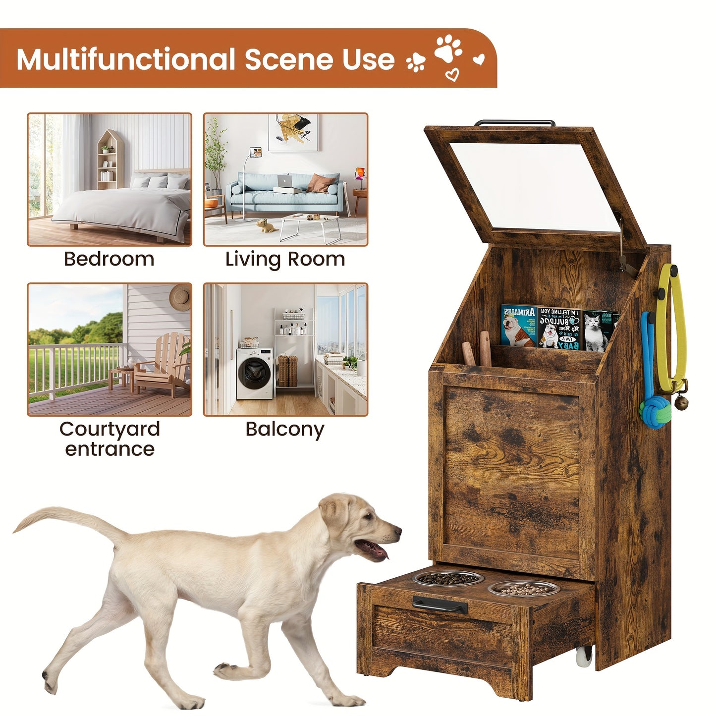 Dog Feeding Station With 2 Elevated Dog Bowls Flip Top Dog Food Storage Cabinet