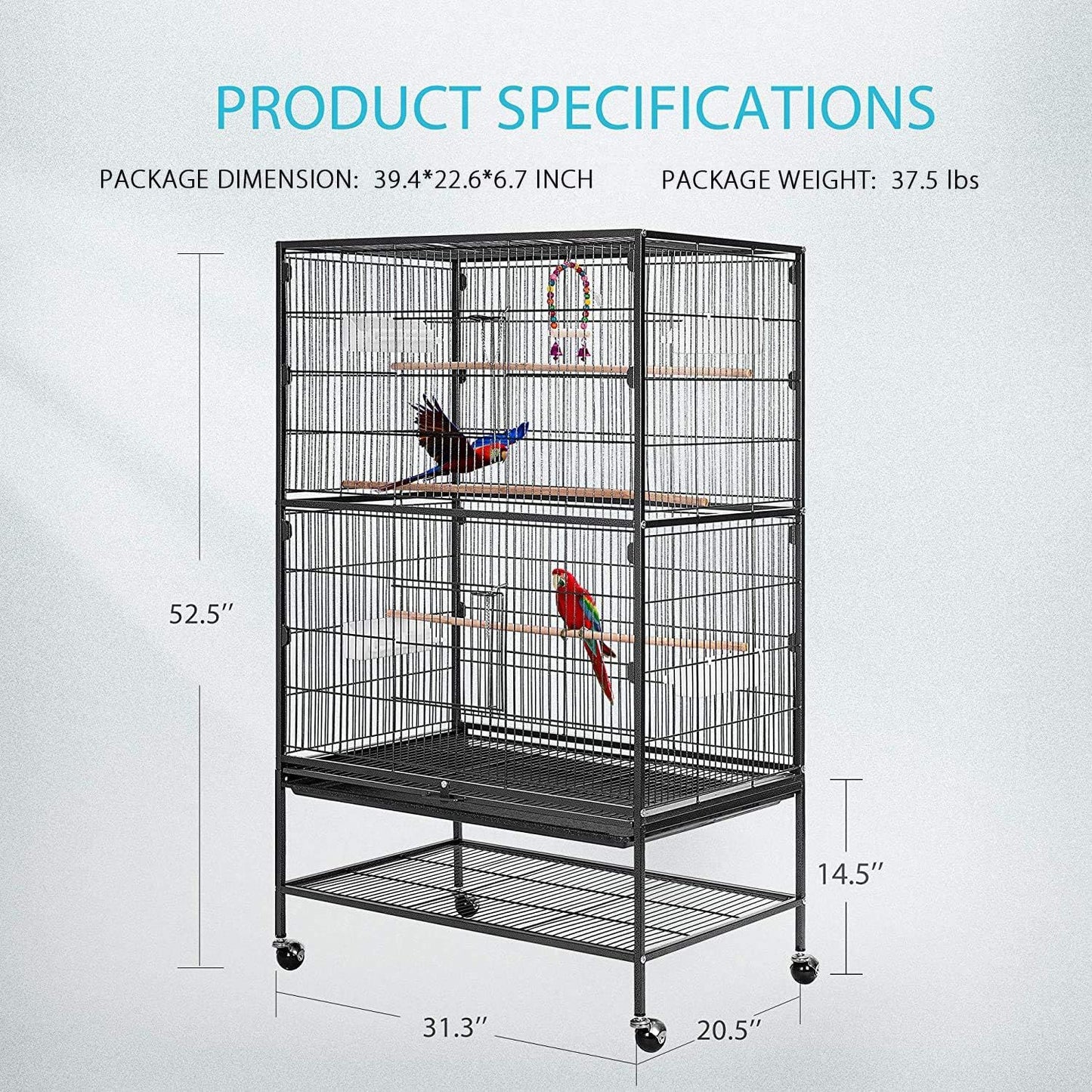 53 Inch Extra Large Wrought Iron Movable Bird Cage for Budgerigars Cockatiels Sun Conures and More Birds Classic Black Sturdy and Durable