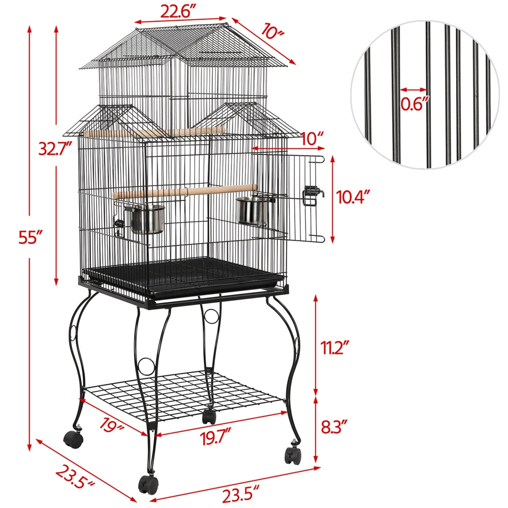 Costoffs Budgie Cage 55 Inch Rolling Standing Triple Roof Medium Parrot Cage with Detachable Stand for Cockatiels Sun Parakeets
