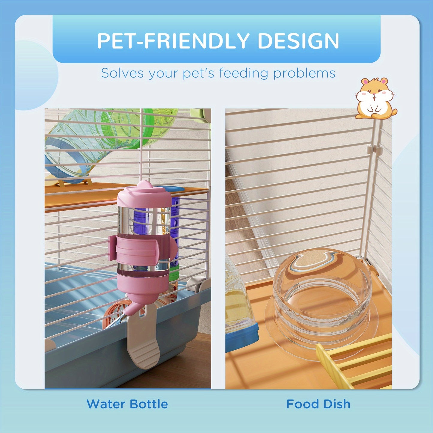 PawHut 18 Inch 5 Tier Hamster Cage with Tubes and Tunnels Small Animal Cage with Portable Carry Handle Gerbil Cage with Water Bottle Food Dish and Exercise Wheel Light Blue