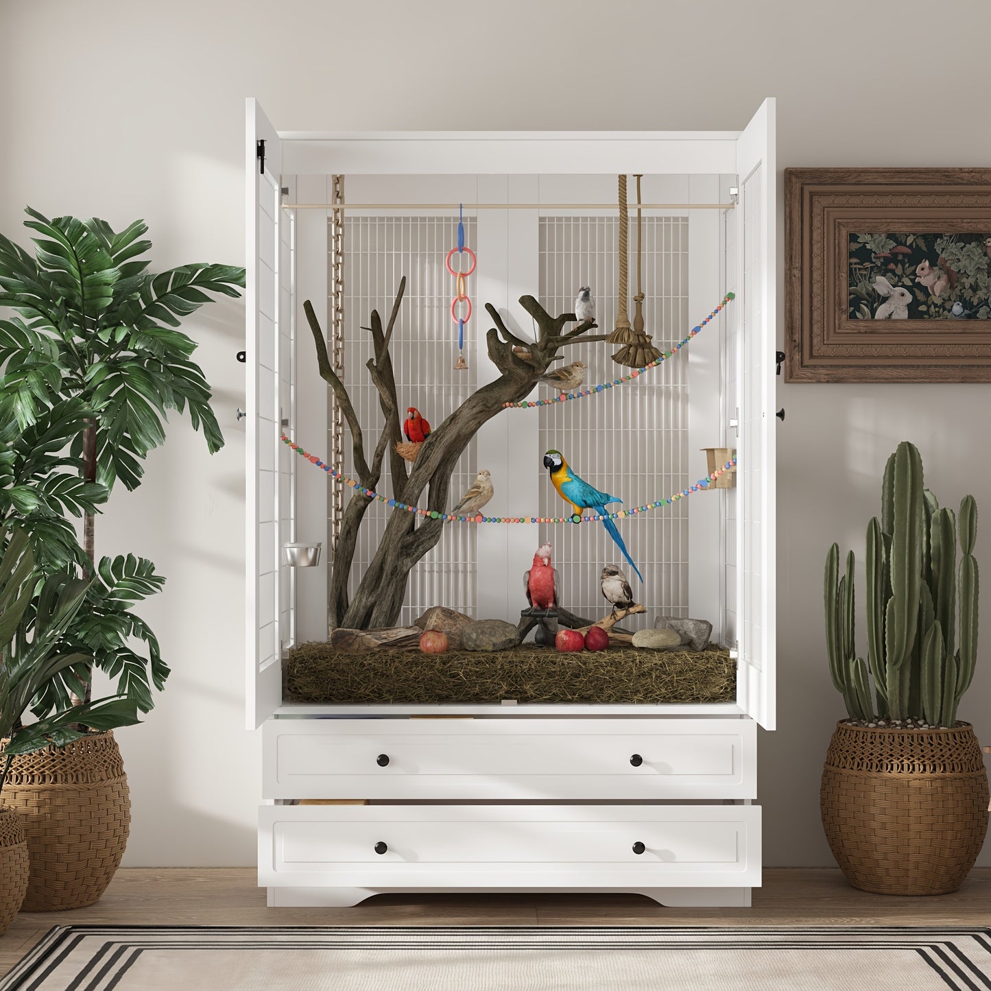 1pc FUFU and GAGA Wooden Bird Cage Cabinet Multipurpose Rectangle Birdcage with Storage Drawers Fenced Ventilation Non Waterproof Display Organizer for Living Room Bird Nest House White 39.3W x 19.6D x 63H For Bird