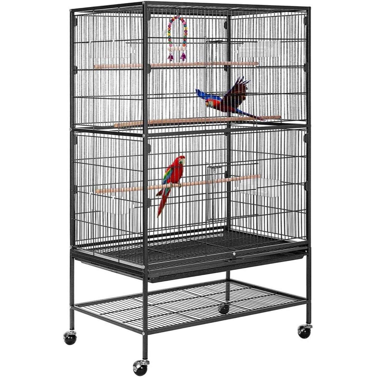53 Inch Extra Large Wrought Iron Movable Bird Cage for Budgerigars Cockatiels Sun Conures and More Birds Classic Black Sturdy and Durable